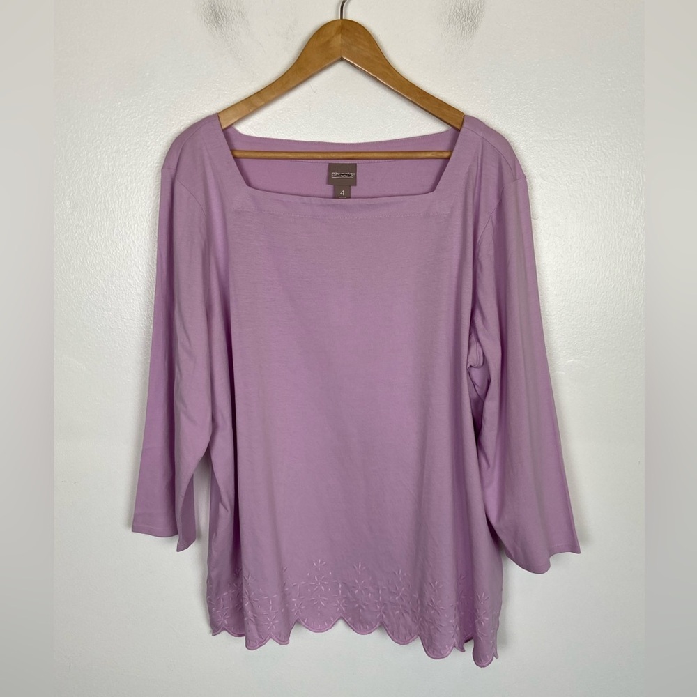 Chico's Eyelet 3/4 Sleeves Top Size 4 Us XXL Square Neck Scalloped Embroidered - Picture 1 of 8